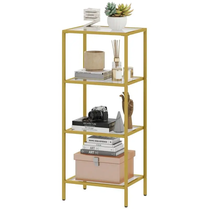 Minimalist 4-Tier Metal and Tempered Glass Shelf Unit, 40x30x96.5 cm, Gold