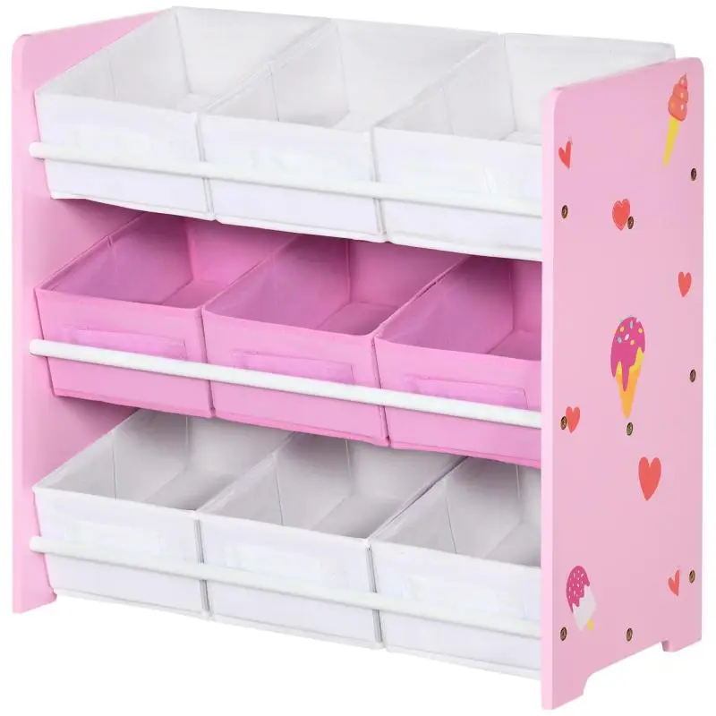 Toy Cabinet with 9 Removable Baskets in Wood and Fabric, 63x30x60 cm, Pink and White