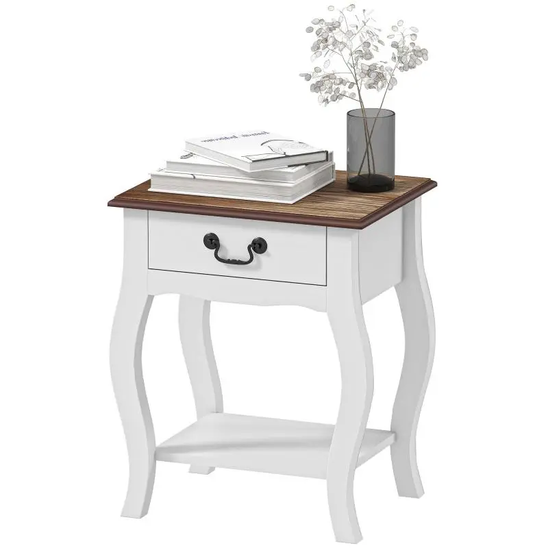 French-Style Wooden Bedside Table with Drawer and Open Shelf, 45x35x55 cm, White and Oak