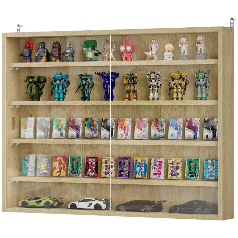 Wooden Display Cabinet with 5 Adjustable Shelves and Glass Doors, 80x9.5x60 cm, Wood Finish
