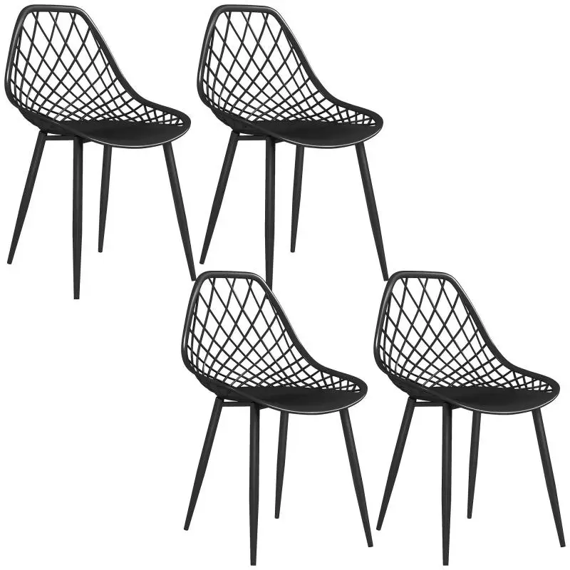 Set of 4 Modern Dining Chairs with Perforated Plastic Backrests and Metal Legs