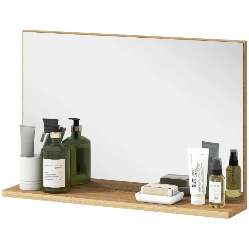 Modern Multi-Purpose Wall-Mounted Bathroom Mirror with Shelf, 60x12x40 cm, Wood