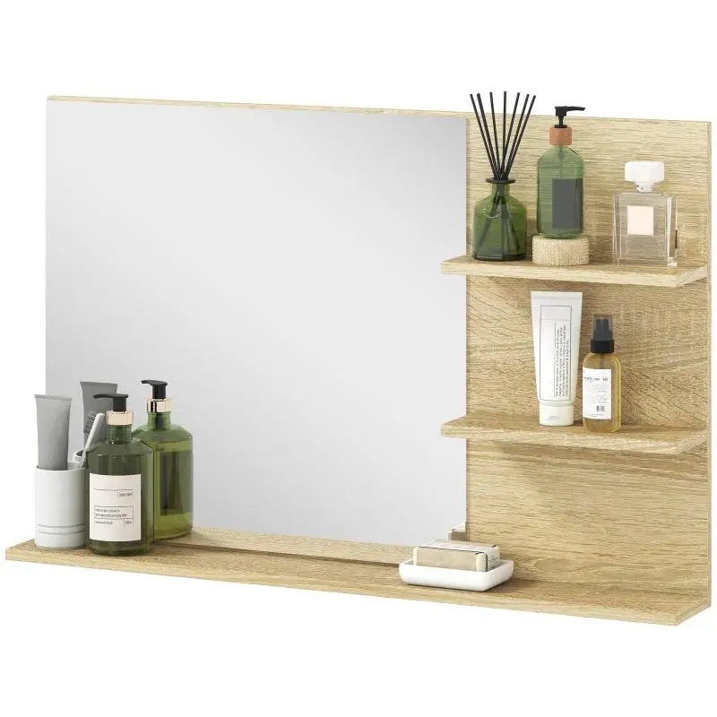 Modern Bathroom Mirror with 2 Side Shelves and Bottom Shelf, Wood and Glass, 75x10x48 cm, Wood Finish