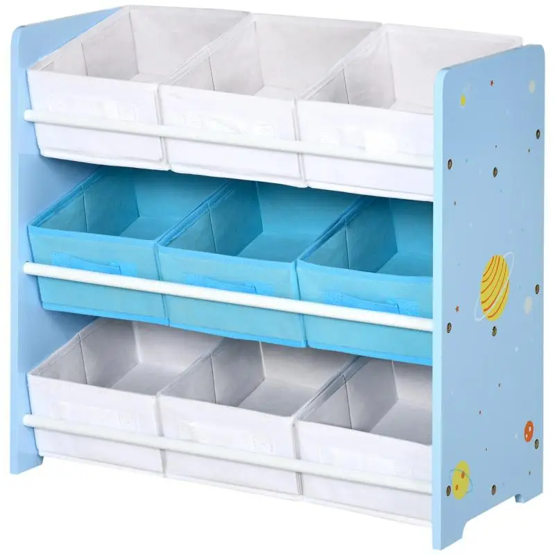 Toy Storage Unit with 9 Removable Bins (MDF and Fabric), 63x30x60cm, Light Blue