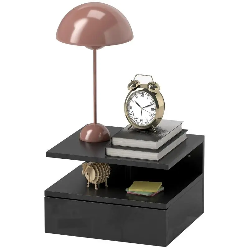 Wall-Mounted Wooden Bedroom Nightstand with Drawer and Open Shelf, 35x32x22.5 cm, Gloss Black