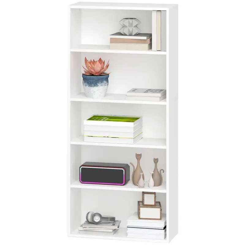 5-Tier Wooden Bookcase with 3 Adjustable Shelves, 60x24x133.5 cm, White
