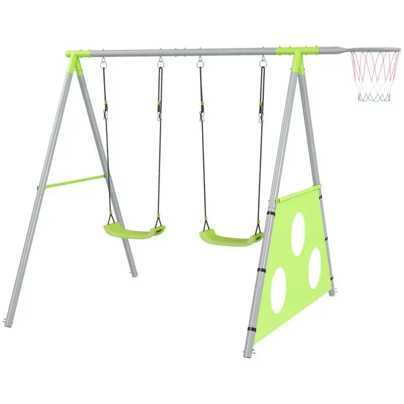 3-in-1 Kids' Garden Playset with Swing, Basketball Hoop, and Soccer Goal, 238x180x182 cm, Green and Grey