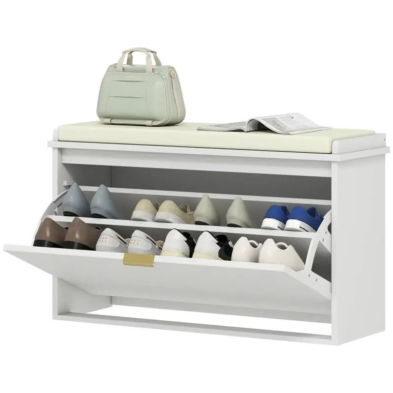 Shoe Rack Bench with Internal Shelf, Wood and Linen-Effect Fabric, 80x26x47.5 cm, White and Beige