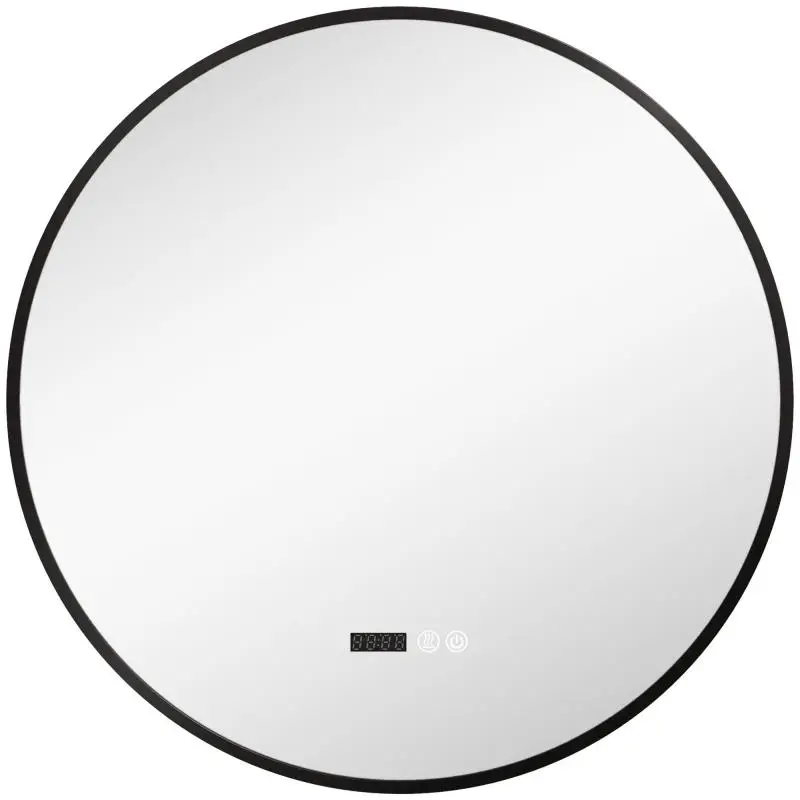 Bathroom Mirror with Adjustable LED Light, Anti-fog Function, and Time & Temperature Display, Ø70 cm, Black