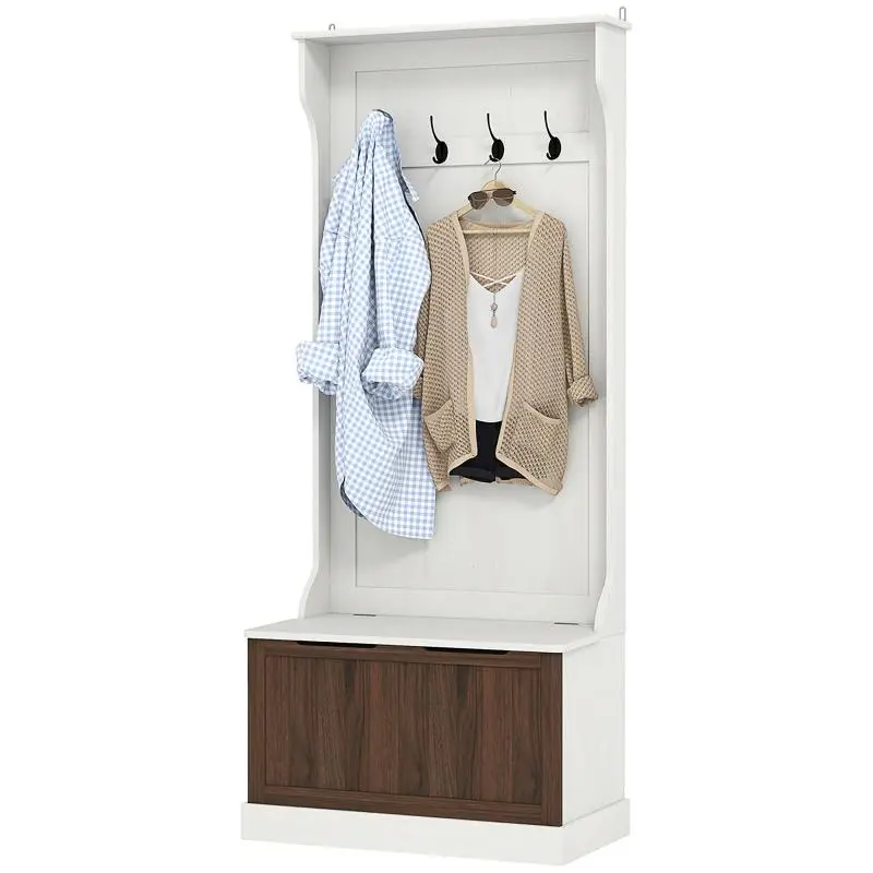 3-in-1 Coat Rack with 4 Hooks and Storage Bench, Wooden, 71.5x39.5x170 cm, White
