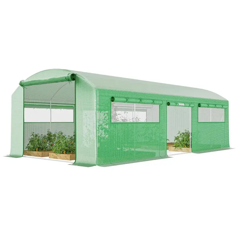 Tunnel Greenhouse with 3 Roll-Up Doors and 6 Windows, Galvanized Steel and PE, 6x3x2 m, Green