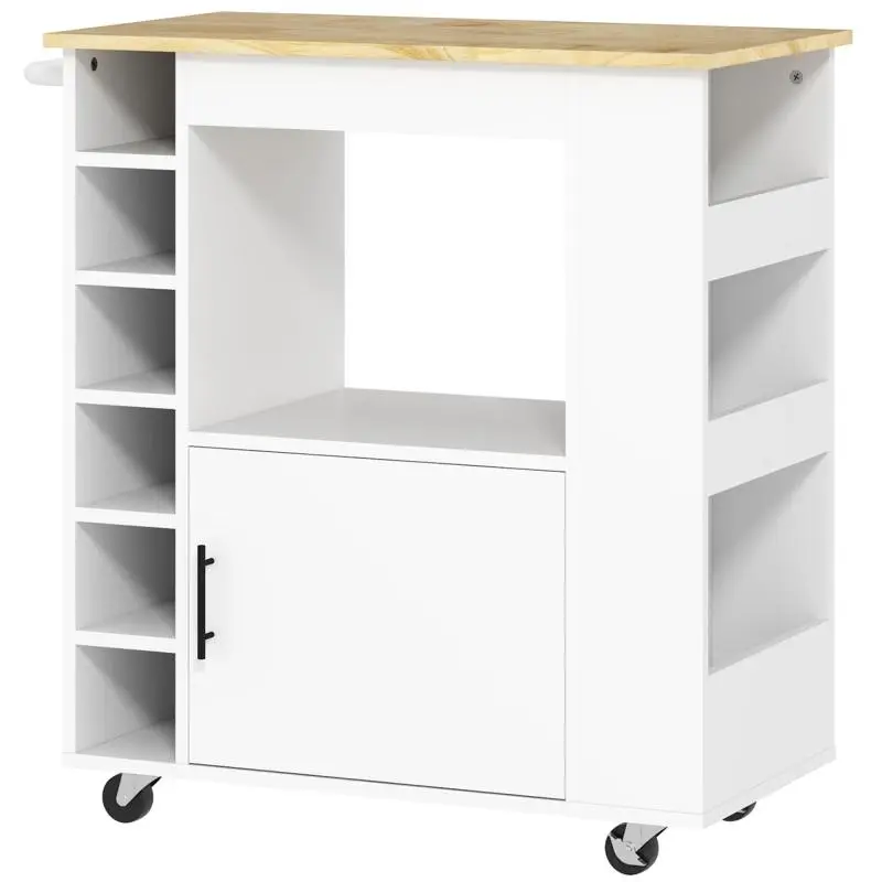 Kitchen Trolley with Wheels, Shelves, Cabinet, and Wine Rack, 83x40x83 cm, Oak