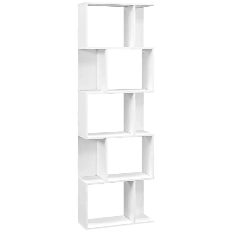 5-Tier Wooden Bookcase with Divider, 60x24x184.5 cm, White