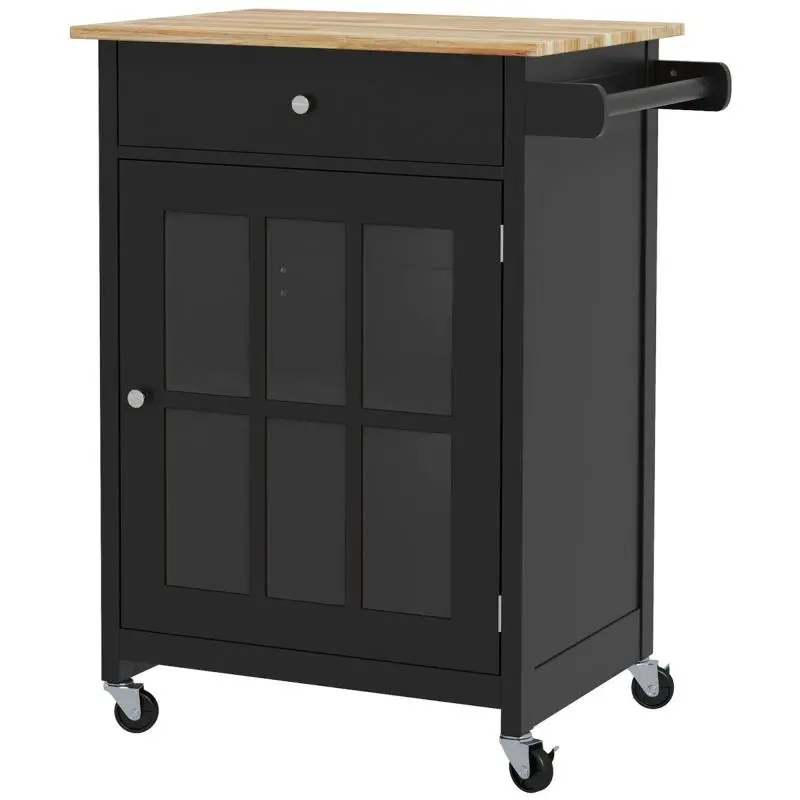 Wooden Kitchen Trolley with Drawer, Adjustable Cabinet, and Towel Rack, 67x48x86.5 cm, Black and Oak