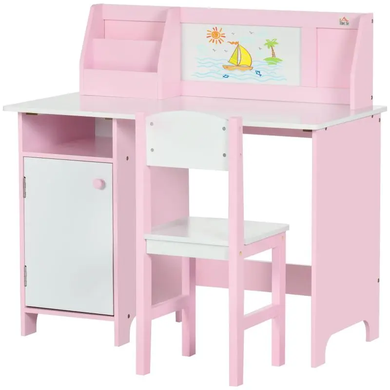 White and Pink Wooden Table and Chair Set for Children Aged 5+ with School Desk and Chair