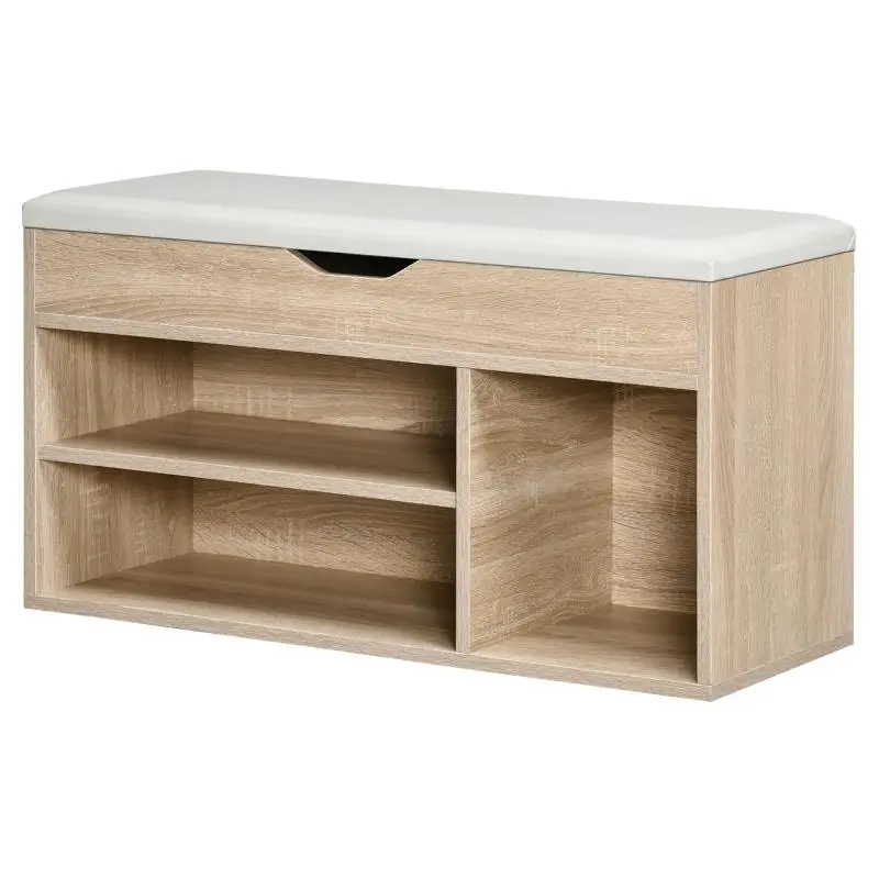 Space-Saving Padded Shoe Bench with 2 Open Shelves and Hidden Storage, Wood and PU Leather, 80x30x45 cm