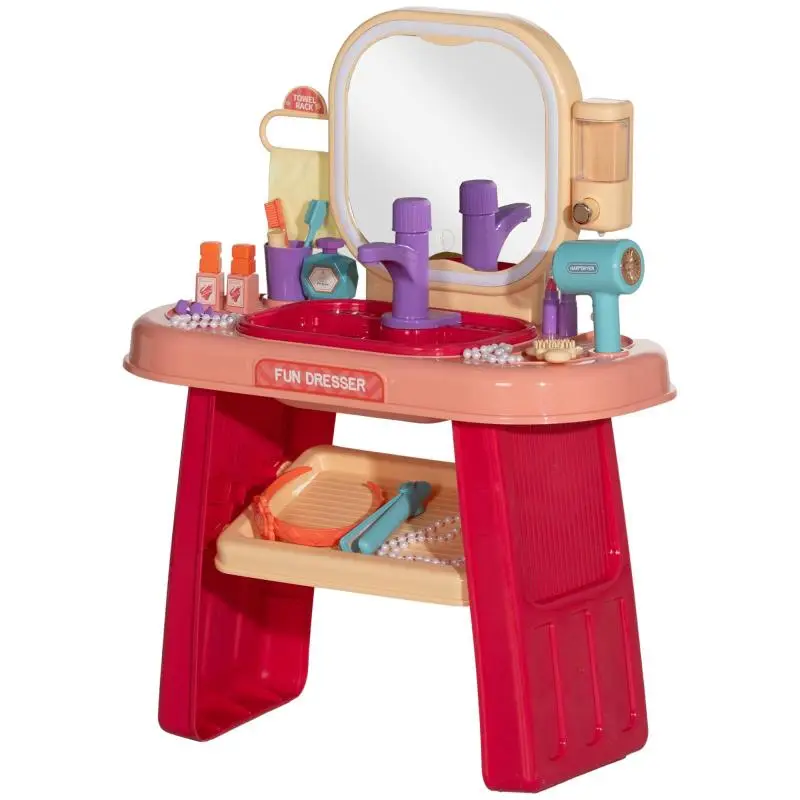 Vanity Table for Girls Aged 3–6 with Acrylic Mirror and Faucet, Made of PP and GPPS, 55x29x71 cm, Pink
