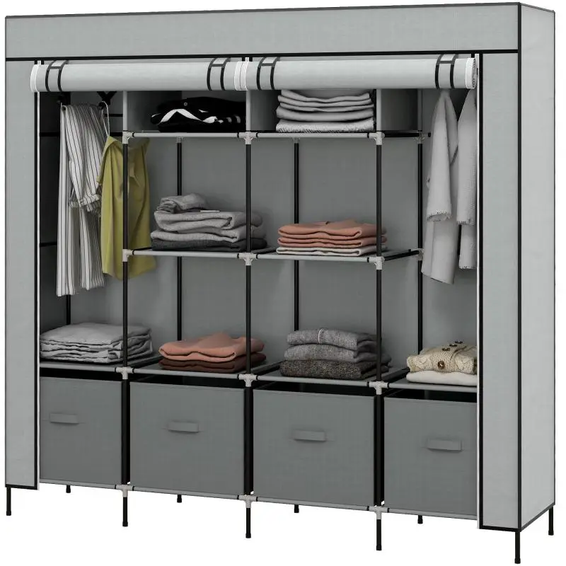 Fabric and Steel Wardrobe with 10 Shelves, 4 Drawers, and Hinged Doors, Grey