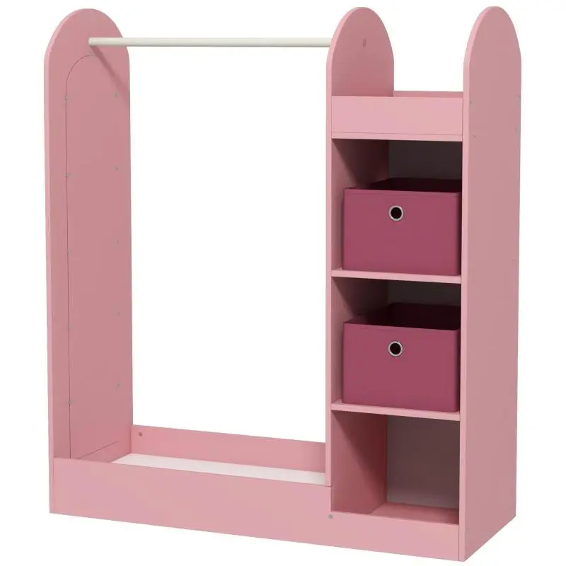 Wooden Children's Coat Rack with Shelves, Boxes, and Mirror – Pink