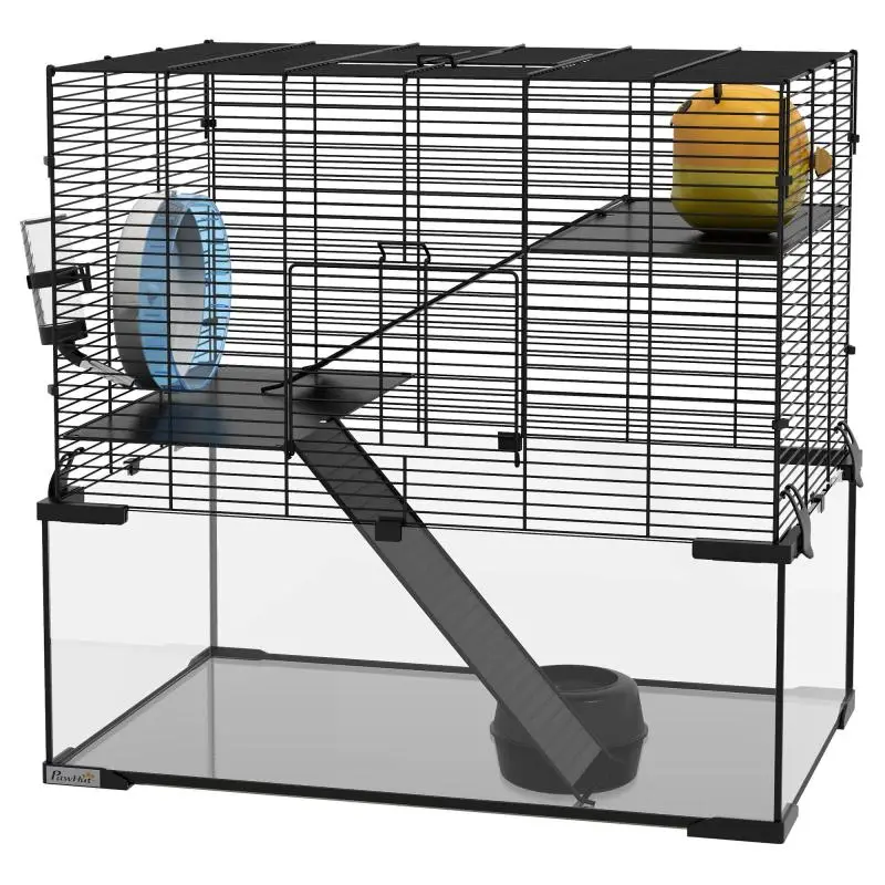 3-Level Hamster Cage with Wheel, Ramps, and Removable Base, 60x40x57cm, Black