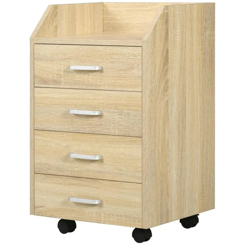 Wooden Office Chest of Drawers with 4 Drawers, Wheels, and Raised Edges, 40x36x65cm, Natural Wood
