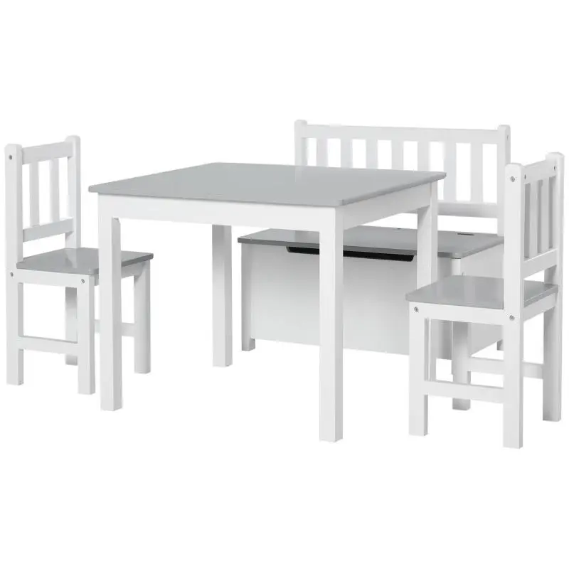 Wooden Children's Table Set with 2 Chairs and Storage Bench for Kids' Room, White and Grey