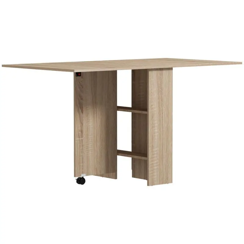 Folding Table with 2 Drop Leaves for 6 People, Featuring Shelves and Integrated Wheels – Natural Wood