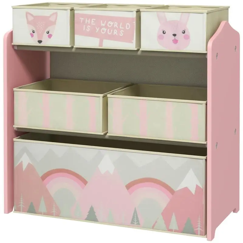 Childrens Toy Storage Rack with 6 Removable Fabric Bins, 63x30x66cm, Pink