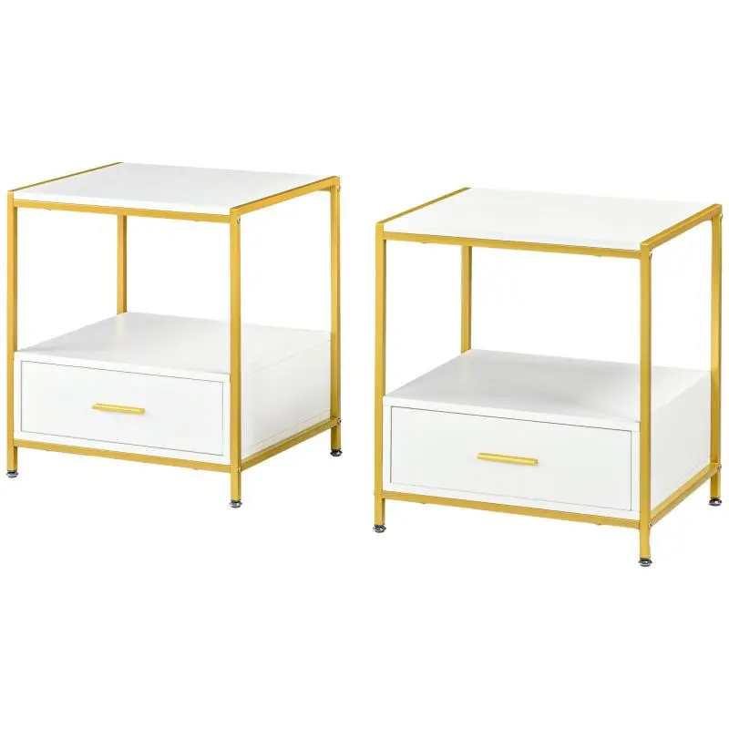 Set of 2 Bedroom Nightstands, Elegant Modern Nightstands with Drawer and Open Shelf, 50x40x55cm, White and Gold