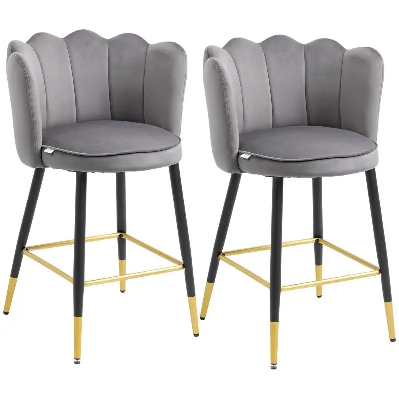 Set of 2 Velvet Bar Stools with Footrest and Steel Base, 59x52x90cm, Grey
