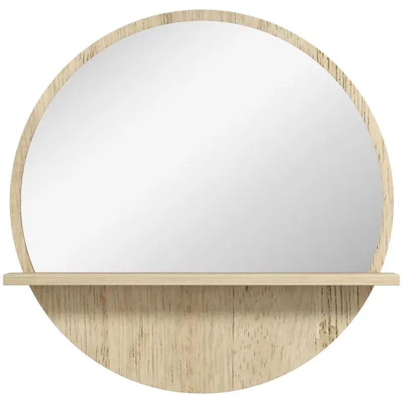 Round Bathroom Mirror (Particleboard and Glass) with Storage Shelf and 2 Rear Hooks, Ø45x10 cm