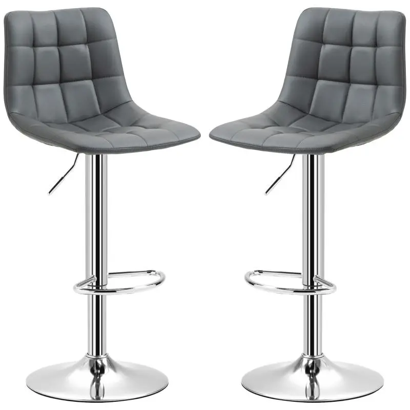 Set of 2 Faux Leather Swivel Bar Stools with Backrest and Footrest, 42x45x89-110cm, Grey