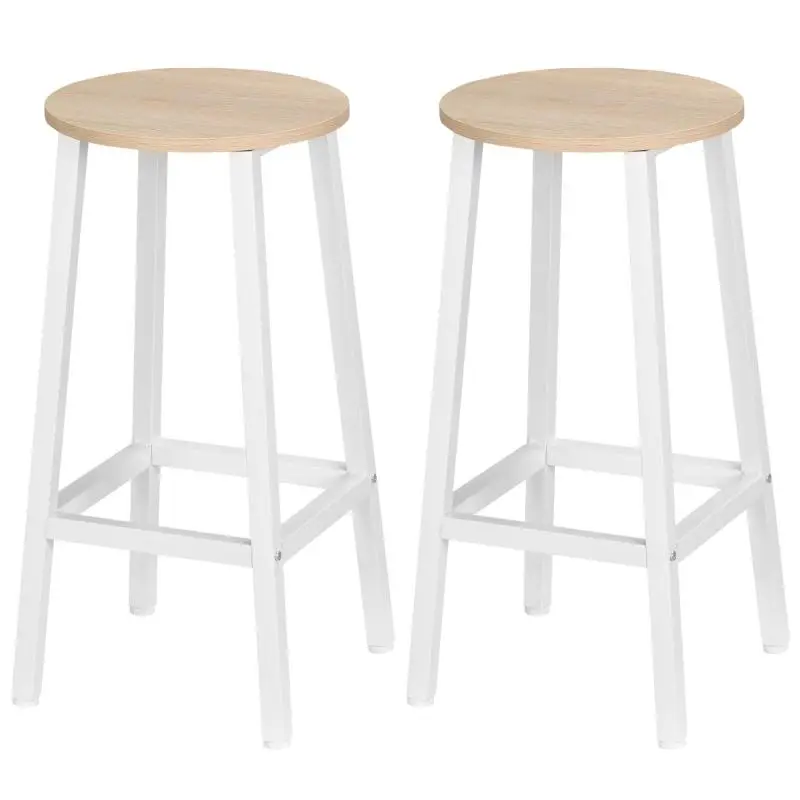 Set of 2 Kitchen Stools in Particleboard and Steel with Smooth Seat and Footrest, 32.5 x 32.5 x 65 cm, White and Wood