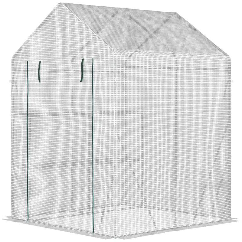 Outdoor Steel and PE Garden Greenhouse with 2 Shelves and Roll-Up Door, 143x143x195 cm, White