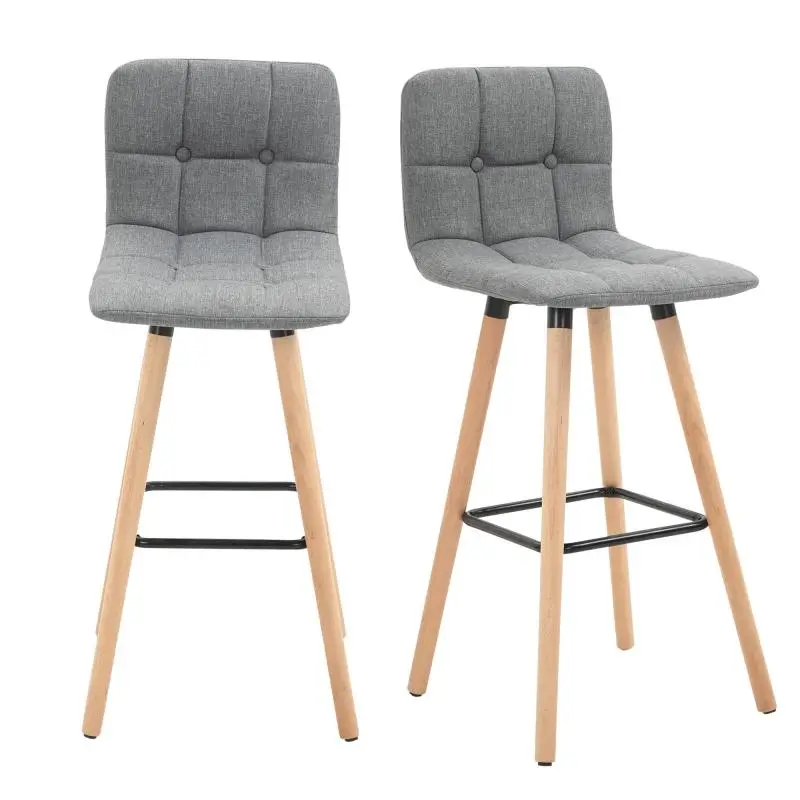 Set of 2 Bar Stools, Kitchen Stools with Backrest and Footrest, Fabric-Upholstered Seat and Wooden Legs, 41.5x47x97.5, Grey