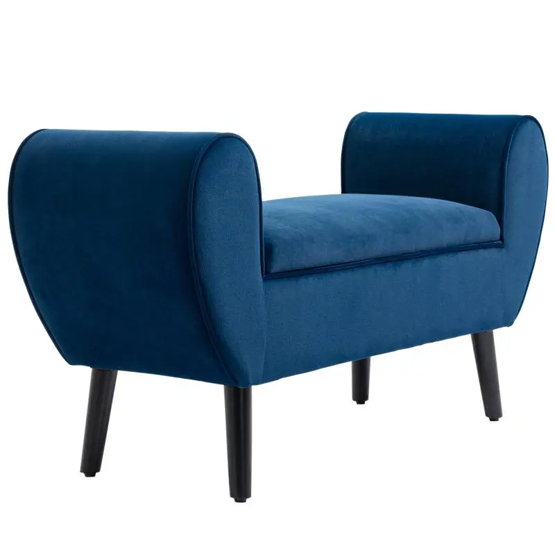 Upholstered Indoor Storage Bench in Velvet-Finish Fabric with Armrests, 118x42x66cm - Blue