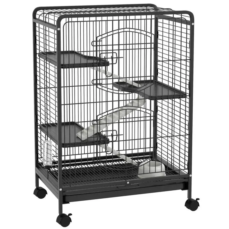 Small Animal and Rodent Cage with Wheels – Cage for Rabbits and Chinchillas with 3 Ramps and 3 Platforms, Bowl, and Water Bottle – 61.5 x 44 x 95 cm – Black