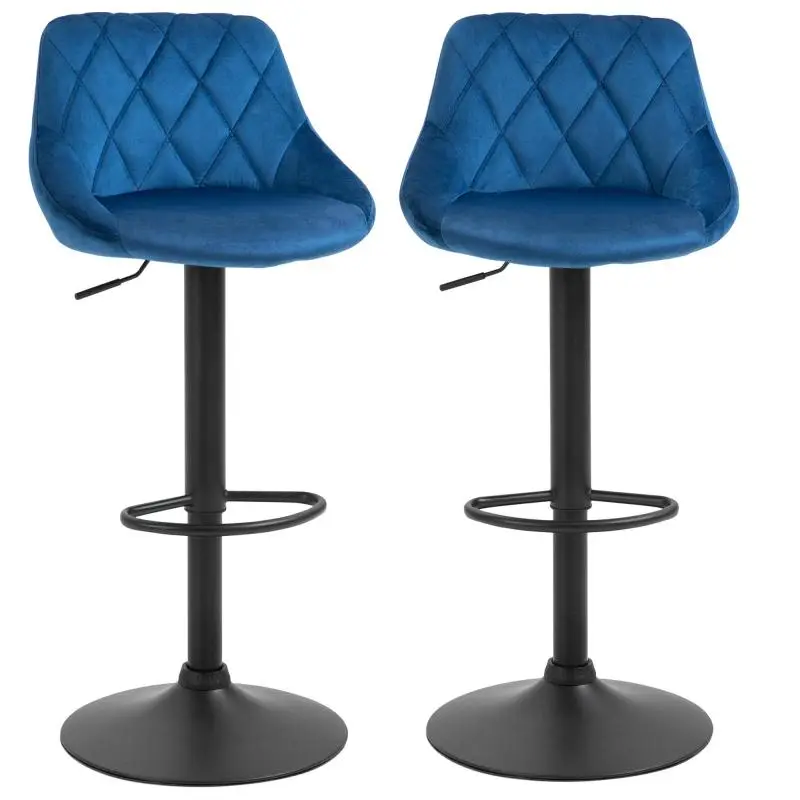 Set of 2 Designer Kitchen Stools with Backrest and Footrest, Velvet Seat and Metal Base, 46x48x83-104cm, Blue