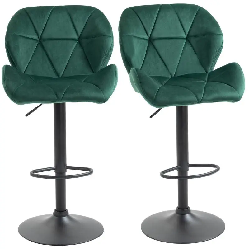 Set of 2 Bar Stools, Height-Adjustable with Metal Base and Velvet Seat, Modern Kitchen Stools with Backrest and Footrest, 46x48x83-104cm, Green