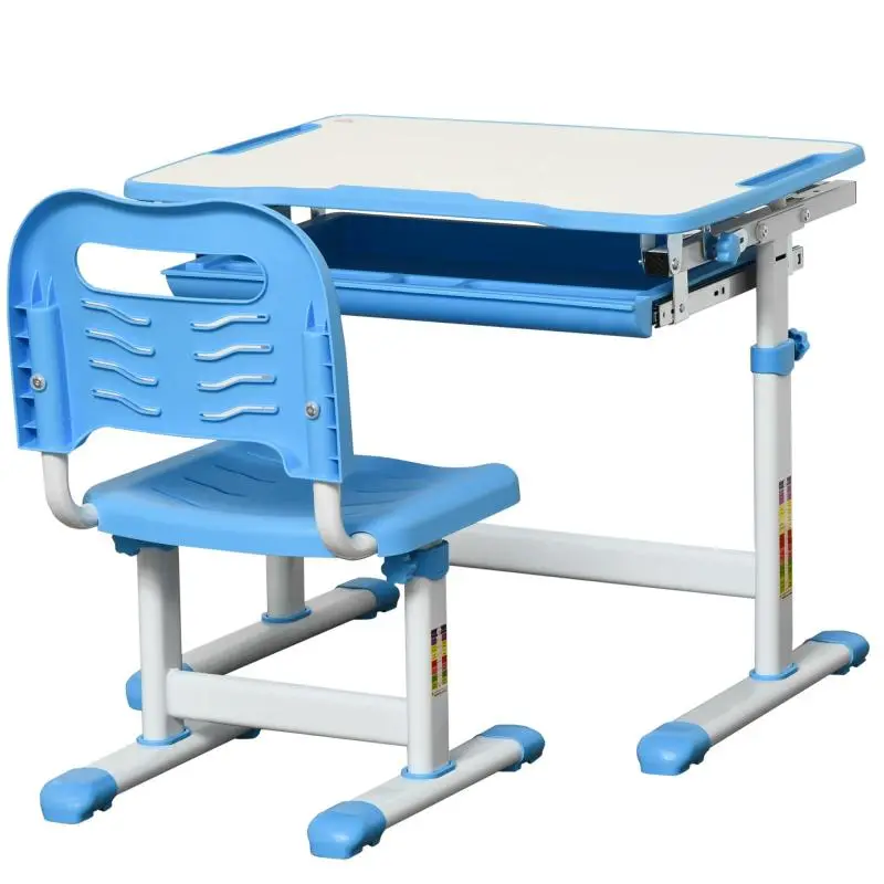 School Desk for Children Aged 6–12 with Adjustable Chair, Drawer, and Tiltable Top, 66x47x52–77 cm, Blue