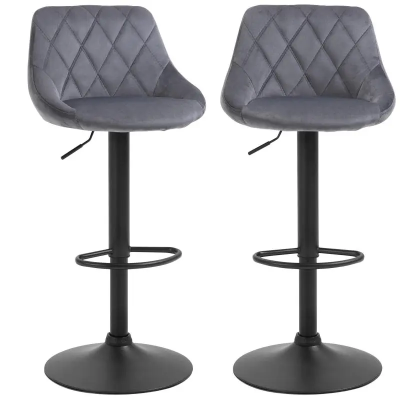 Set of 2 Height-Adjustable Bar Stools with Metal Base and Faux Leather Seat – Modern Swivel High Stools with Backrest and Footrest (46x48x83-104 cm) – Grey and Black