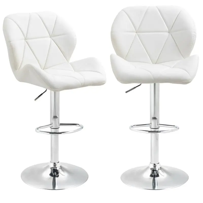 Set of 2 Height-Adjustable Bar Stools with Metal Base and PU Leather Seat – Kitchen Stools with Backrest and Footrest, 51.5 x 57.5 x 93–114.5 cm, White