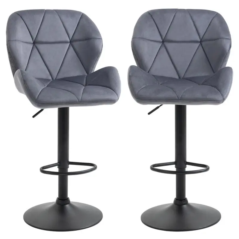 Set of 2 Height-Adjustable Bar Stools with Metal Base and Velvet Seat – Swivel Kitchen Stools with Backrest and Footrest, 51.5 x 57.5 x 93–114.5 cm, Grey