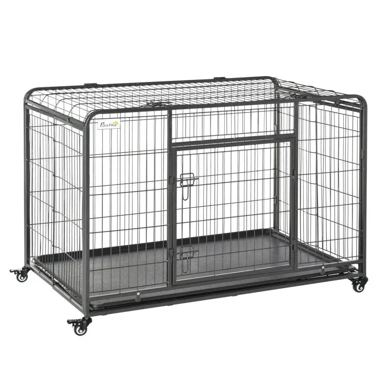 Foldable Double-Door Dog Kennel/Crate with Locks, Dog Playpen with 4 Lockable Wheels and Removable Tray, 125x76x81cm, Dark Grey