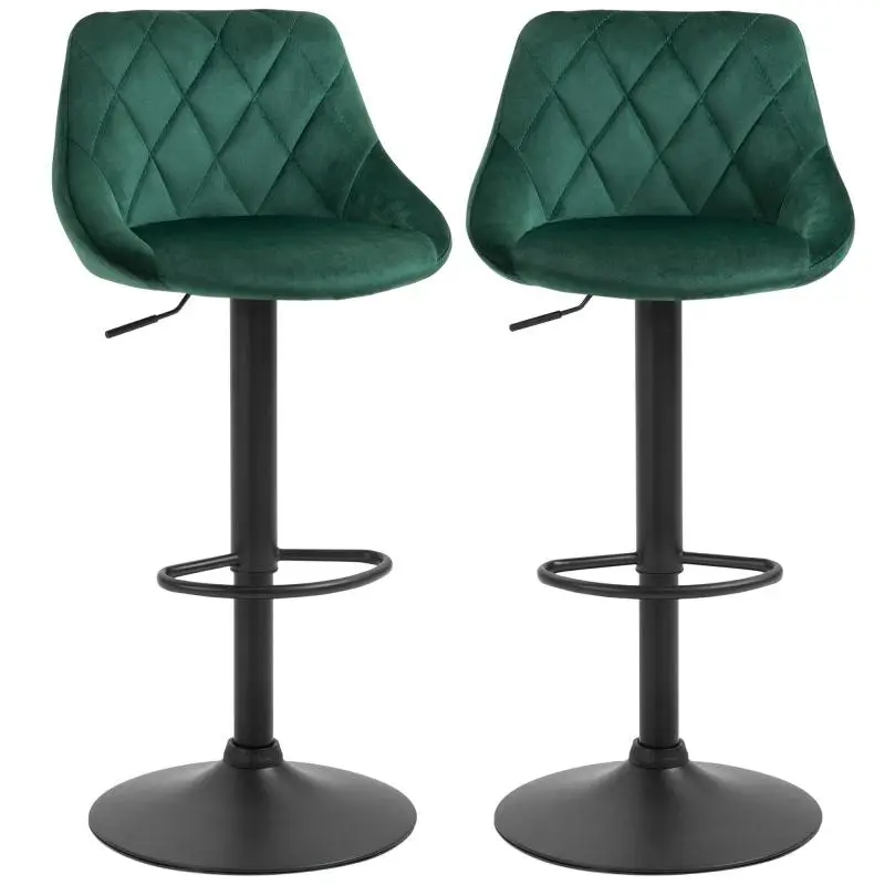 Set of 2 High Stools with Backrest and Footrest, Adjustable Velvet Kitchen Stools, Metal Base, 46x48x83-104 cm, Green