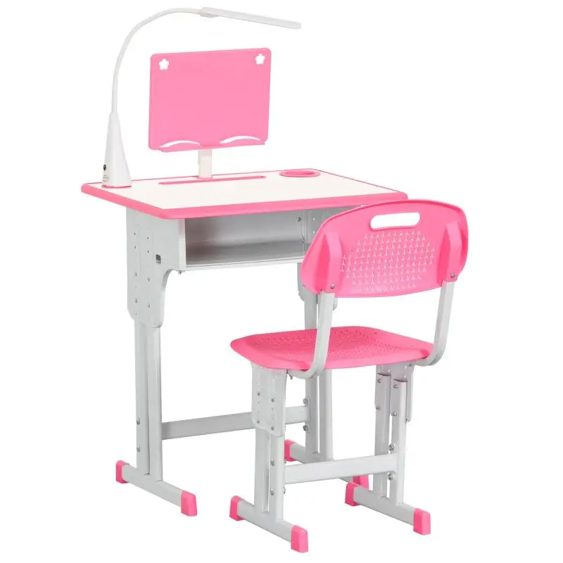 Height Adjustable Kids Desk and Chair Set with USB Lamp, Study Table for Children 6-12 Years Old