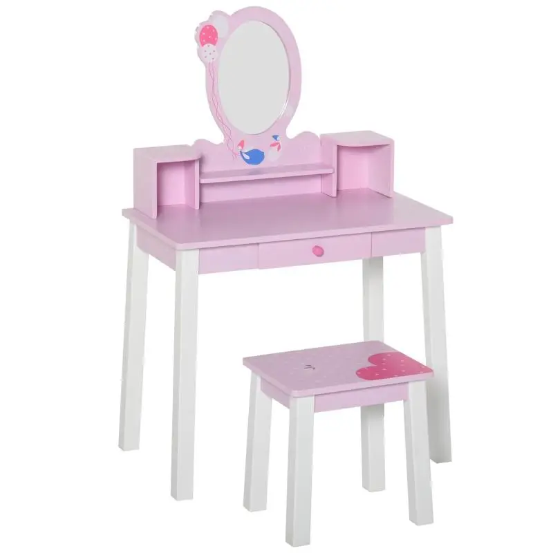 Wooden Vanity Table for Girls Aged 3+, Toy Makeup Table Set with Mirror and Stool, Pink
