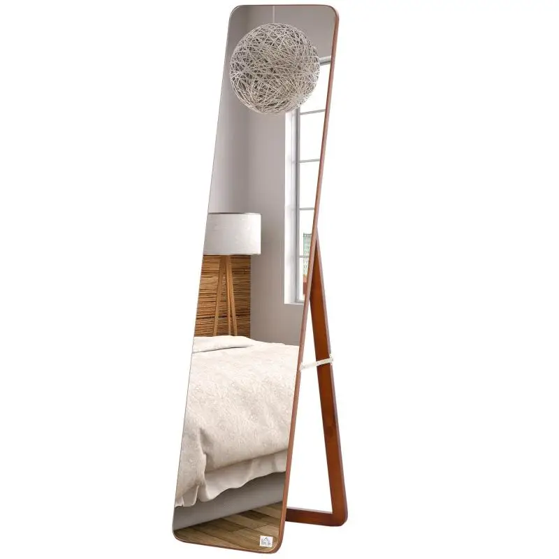 Floor and Wall Mirror with Wooden Frame, Folding Stand with Hinge, 37x43x156cm, Light Walnut
