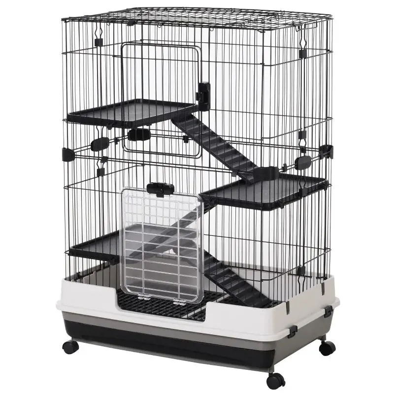 3-Tier Metal Cage with Tray for Rodents, Rabbits, and Ferrets, with 4 Wheels, 81.2x52.7x114cm, Black