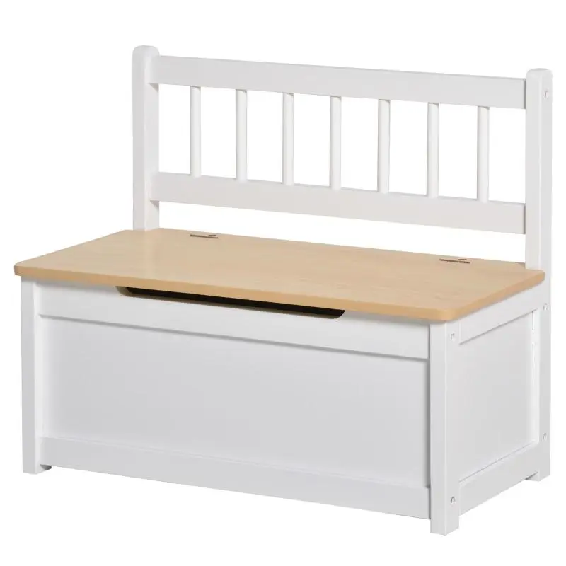 2-in-1 Wooden Toy Chest for Kids with Safety-Close Piston, 60x30x50cm, White and Natural Wood